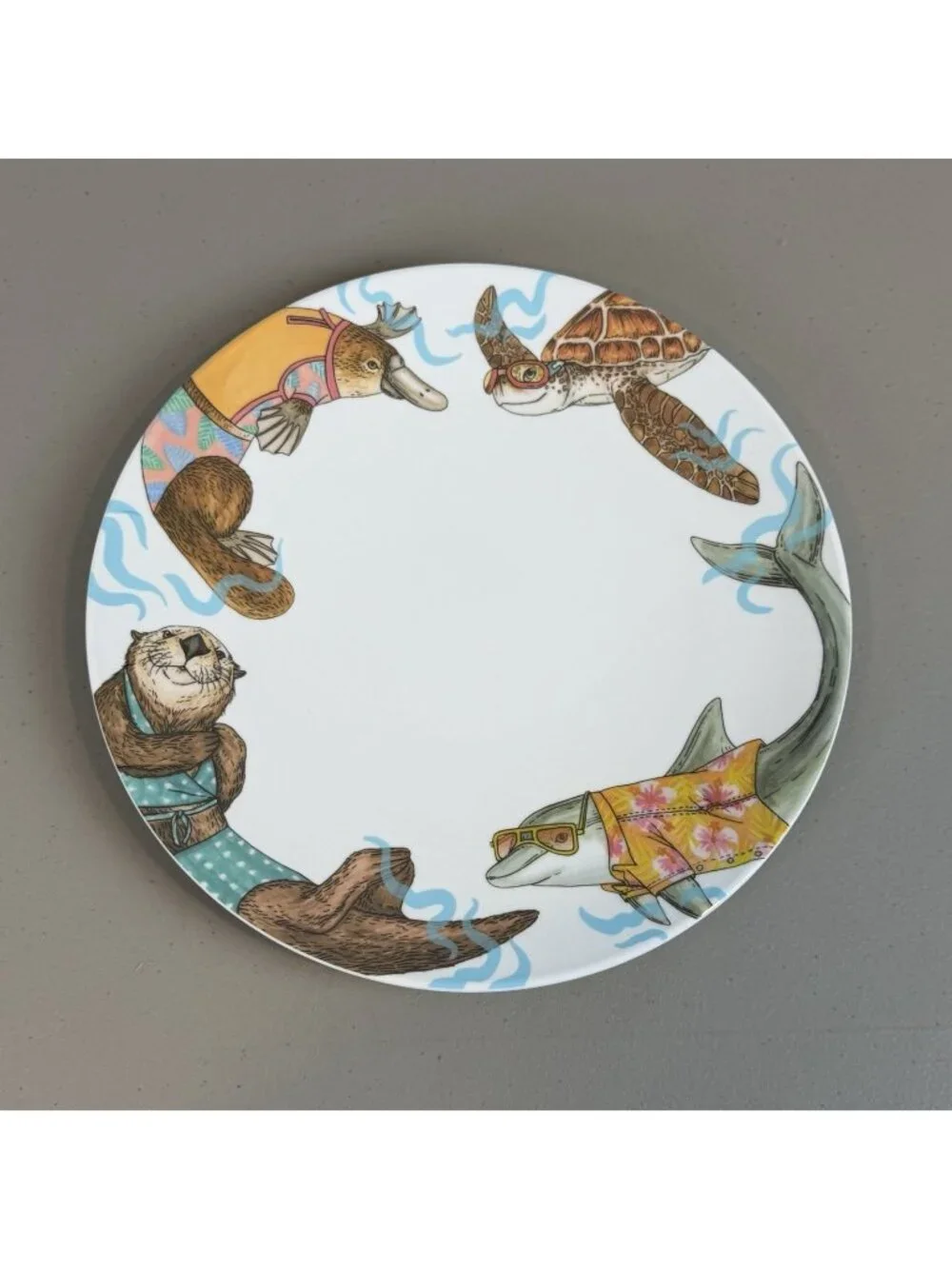 West Elm Rachel Kozlowski Dapper Animal Dinner Plate Ocean beach otter dolphin